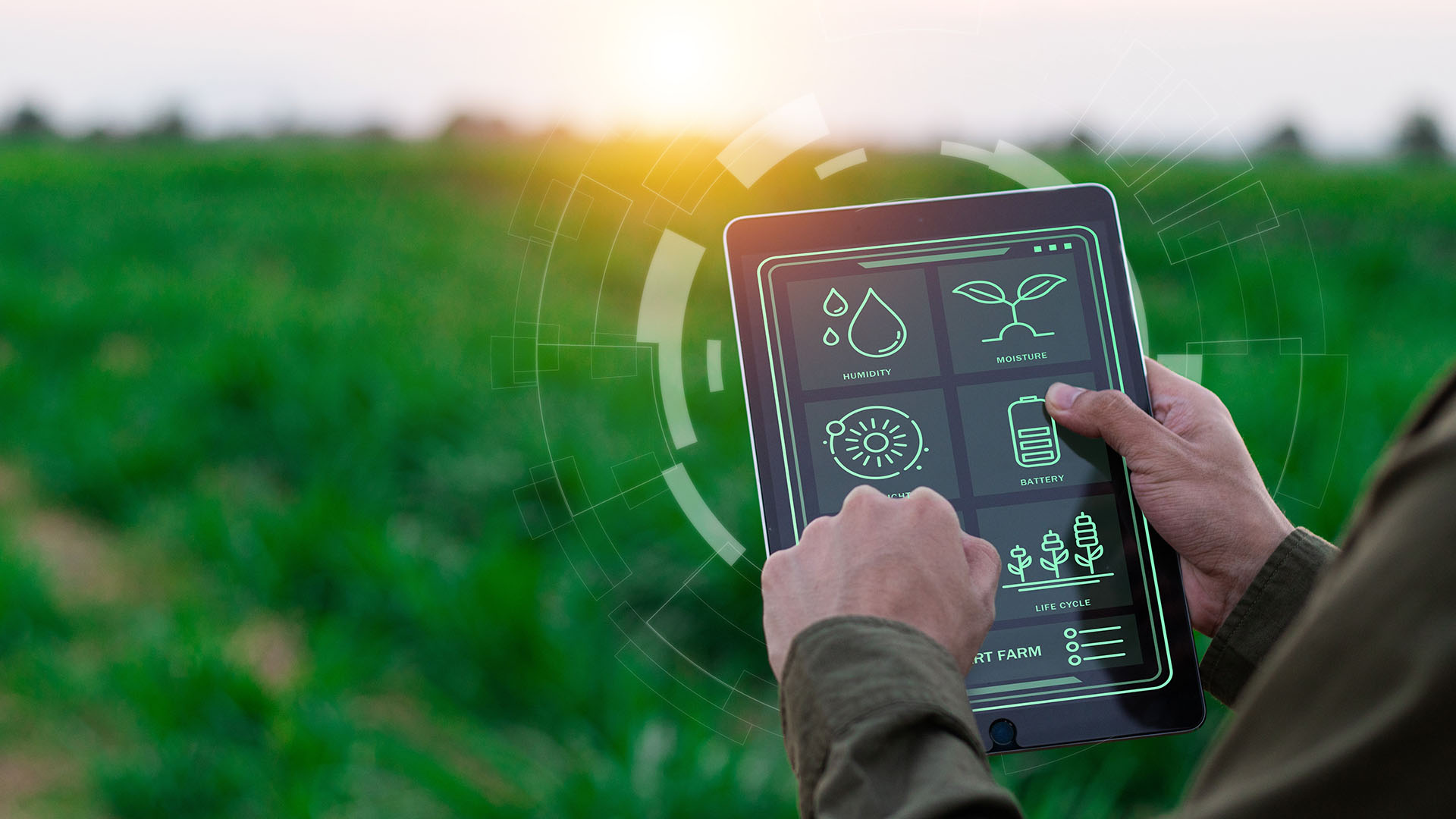 The image depicts a person holding a tablet in an agricultural field, with a vibrant green crop in the background. The tablet screen displays various icons related to farming, such as moisture, humidity, sunlight, and plant growth, indicating the use of technology for smart farming or precision agriculture. The person's hand is interacting with the screen, suggesting they are monitoring or controlling farming conditions through the tablet. The scene is set during daylight, with the sun softly illuminating the field, enhancing the idea of a modern, tech-driven approach to farming.